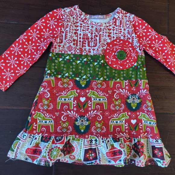 Jelly The Pug Red and Green Kids Casual Dress - Picture 1 of 3